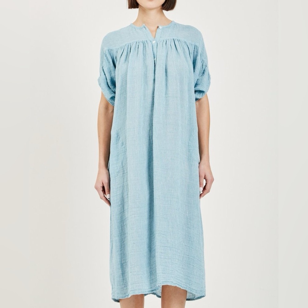 MASSCOB Women’s Light Blue Gathered Maxi Dress with Button Front